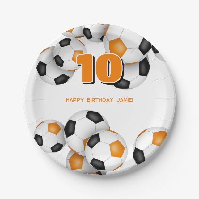 orange black soccer team colours birthday party paper plate (Front)