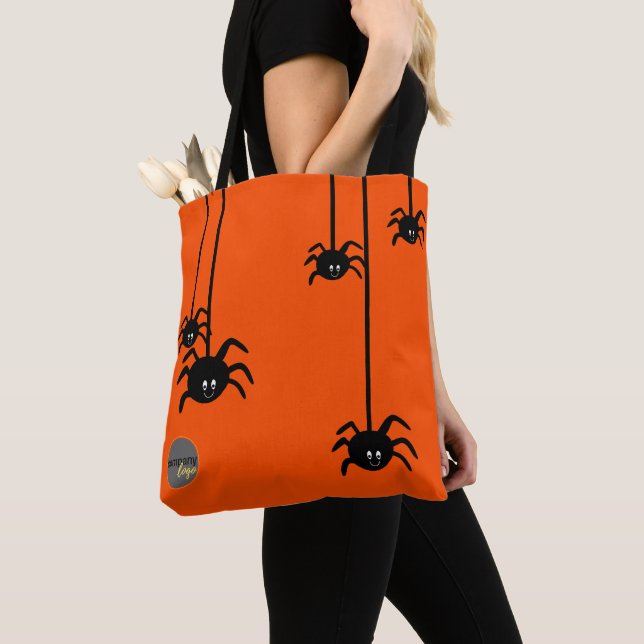 ORANGE BLACK SPIDER HALLOWEEN BUSINESS LOGO CUSTOM TOTE BAG (Close Up)