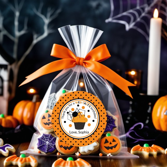 Orange Black Spider Polka Dots Halloween Birthday Classic Round Sticker (Creator Uploaded)