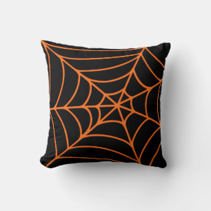 Orange Black Spider Web Print Spooky  Halloween Cushion