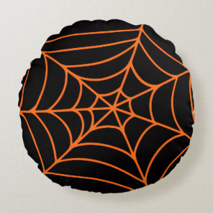 Orange Black Spider Web Print Spooky  Halloween Round Cushion