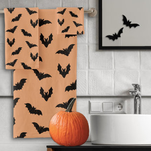 Orange Black Spooky Bats Vintage Halloween Decor Bath Towel Set