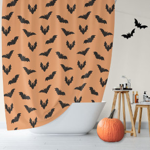 Orange Black Spooky Bats Vintage Halloween Decor Shower Curtain