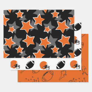 Orange & Black Star Power Football Game Day Wrapping Paper Sheet