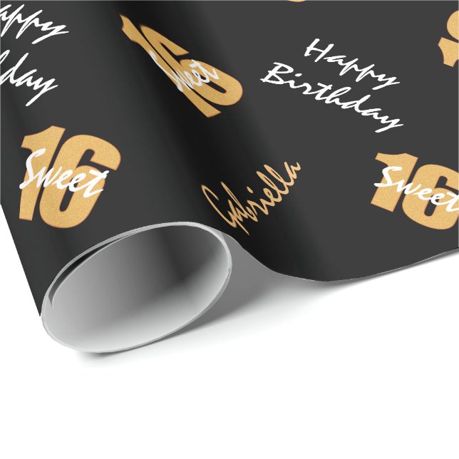 Orange Black Sweet 16 Personalised Wrapping Paper (Roll Corner)