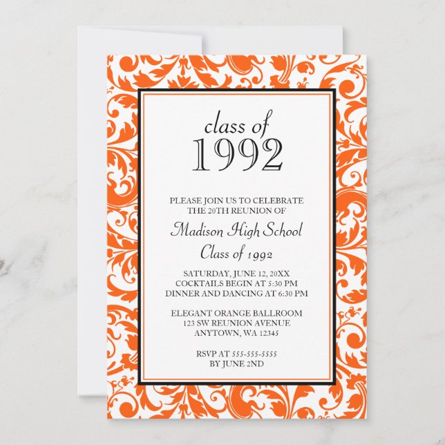 Orange Black Swirl Damask Class Reunion Invitation (Front)