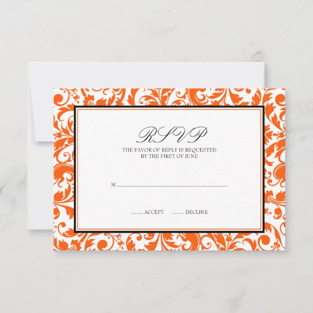 Orange Black Swirl Damask Wedding Response Card (Front)