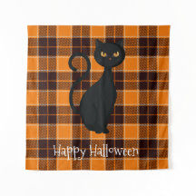 Orange Black Tartan Plaid Black Cat Halloween