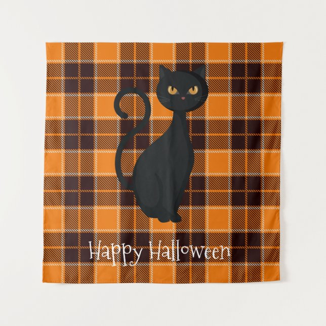 Orange Black Tartan Plaid Black Cat Halloween Tapestry (Front)