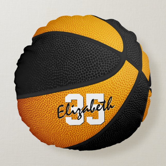 orange black team colours girl boy basketball deco round cushion (Front)