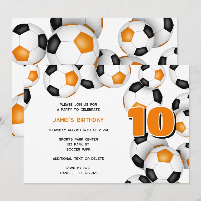 orange black team colours soccer balls sports part invitation (Front/Back)