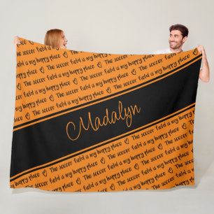 orange black The soccer field is my happy place Fleece Blanket
