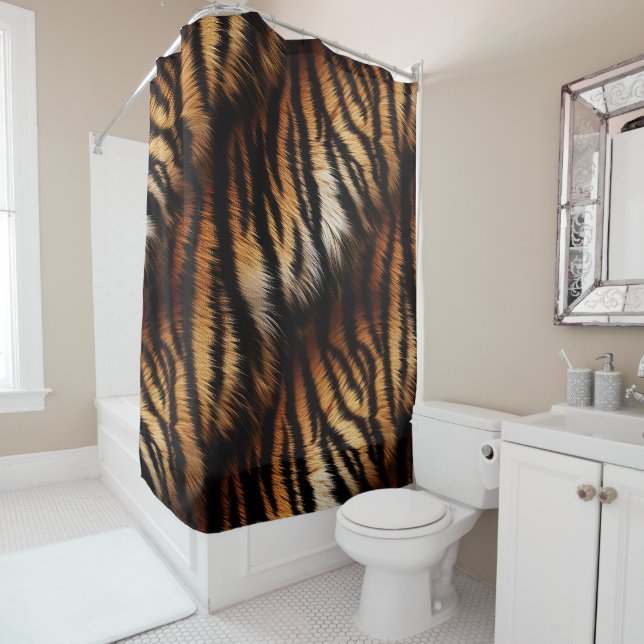 Orange Black Tiger Stripes Animal Print Shower Curtain (In Situ)