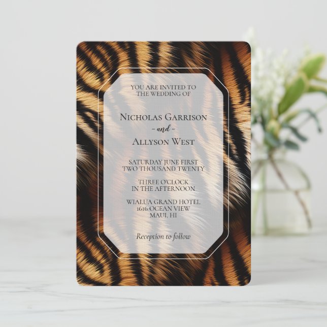 Orange Black Tiger Stripes Animal Print Wedding Invitation (Standing Front)