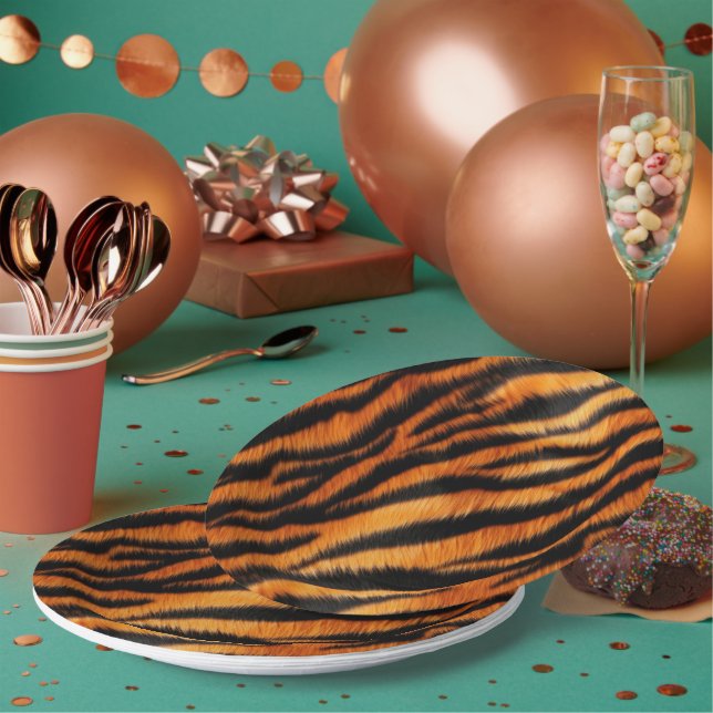 Orange Black Tiger Stripes Paper Plate (Multi)