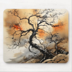 Orange Black Tree Ink Painting Mouse Mat