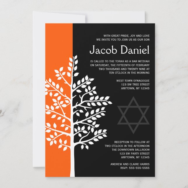 Orange Black Tree of Life Bar Mitzvah Invitations (Front)