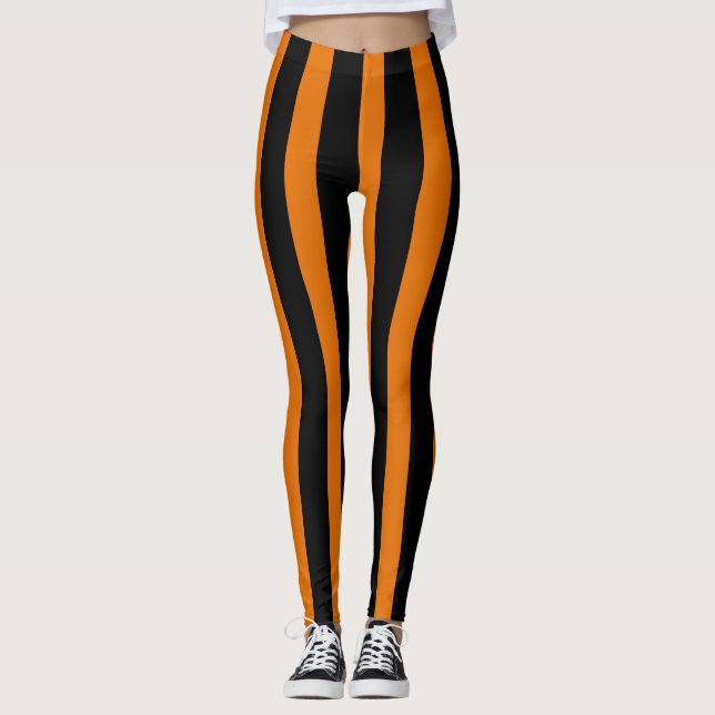 Orange Black Vertical Stripe Halloween Costume Leggings (Front)