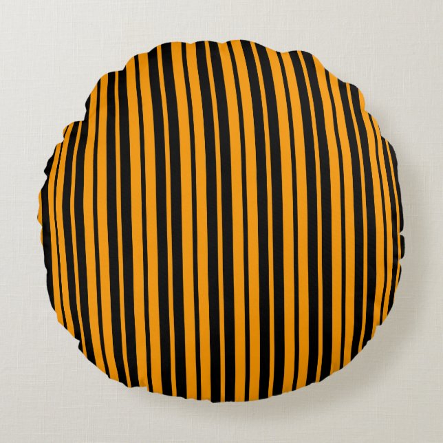 Orange Black Vertical Stripes Pattern Design Round Cushion (Front)