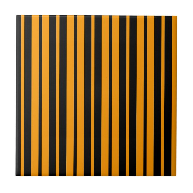 Orange Black Vertical Stripes Pattern Design Tile (Front)