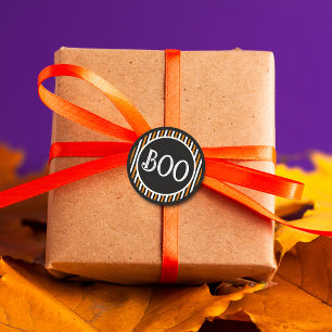Orange & Black Vintage Stripe Boo Classic Round Sticker