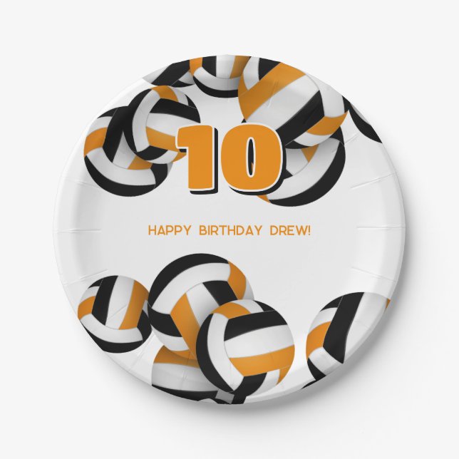 orange black volleyballs kids birthday party paper plate (Front)