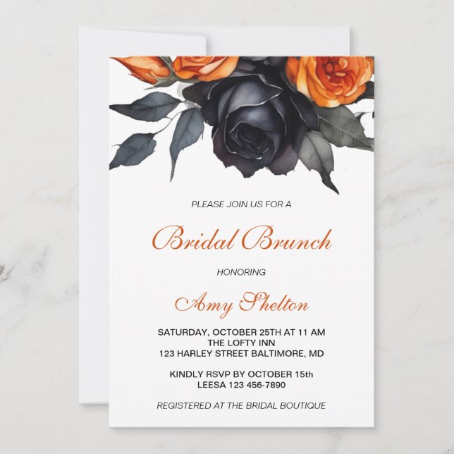Orange & Black Watercolor Floral Bridal Brunch Invitation (Front)