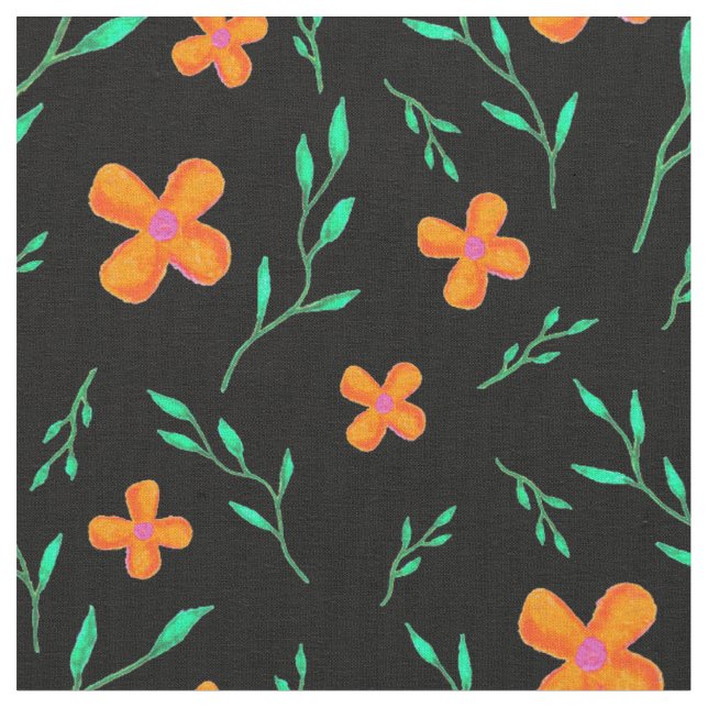 Orange Black Watercolor Flower Floral Pattern Fabric (Close Up)