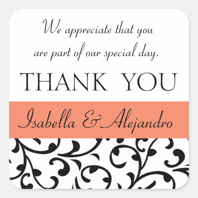 Orange, Black Wedding Favour Thank You Message Square Sticker (Front)