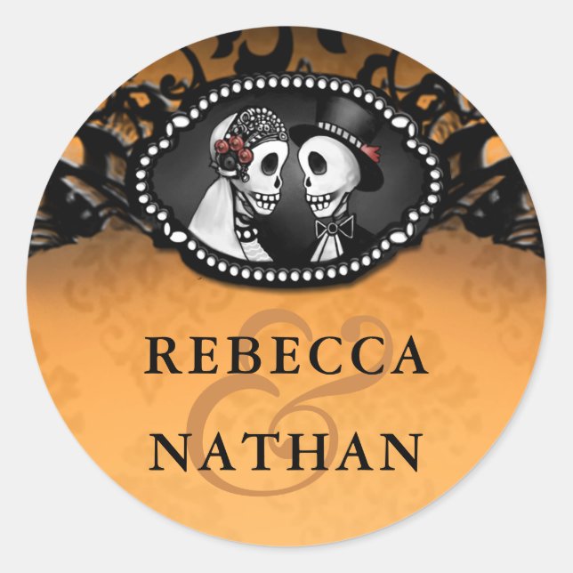 Orange & Black Wedding Skeletons Envelope Label (Front)