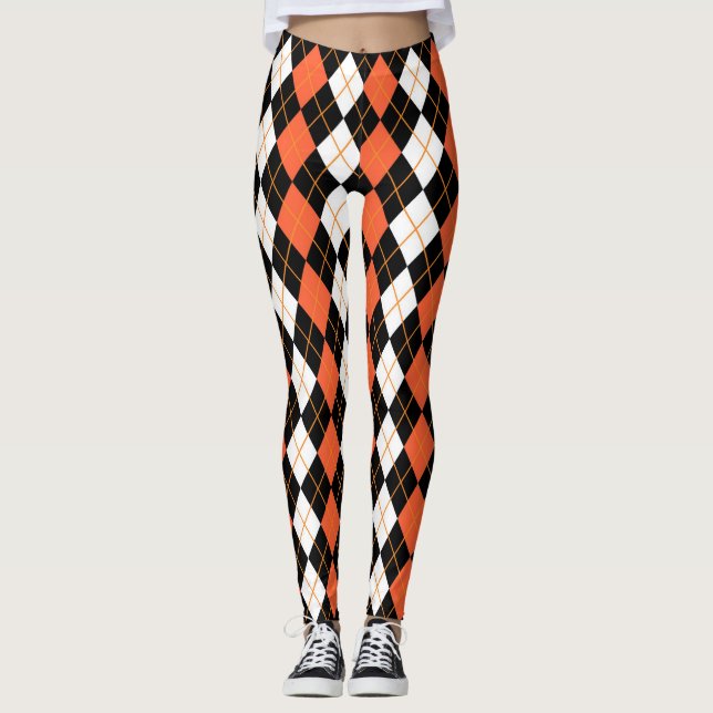 Orange Black White Argyle Diamond Design  Leggings (Front)