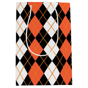 Orange Black White Argyle Diamond Design Medium Gift Bag