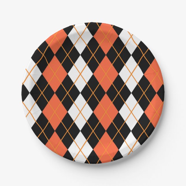 Orange Black White Argyle Diamond Design  Paper Plate (Front)