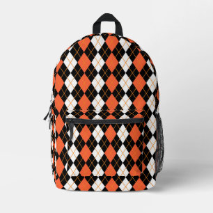 Orange Black White Argyle Diamond Design Printed Backpack