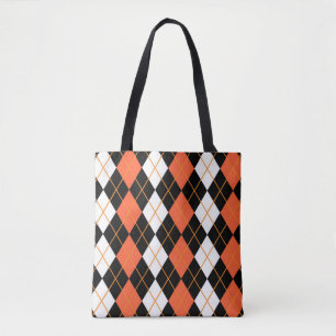 Orange Black White Argyle Diamond Design Tote Bag