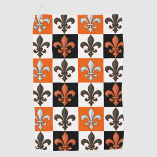 Orange Black White Checkered Fleur-de-lis Design Golf Towel