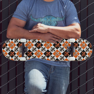 Orange Black White Checkered Fleur-de-lis Design  Skateboard
