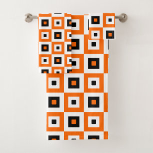 Orange Black White Checkered Squares Pattern Bath Towel Set