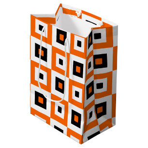 Orange Black White Checkered Squares Pattern Medium Gift Bag