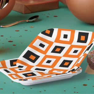 Orange Black White Checkered Squares Pattern Paper Plate