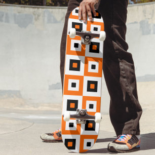 Orange Black White Checkered Squares Pattern Skateboard