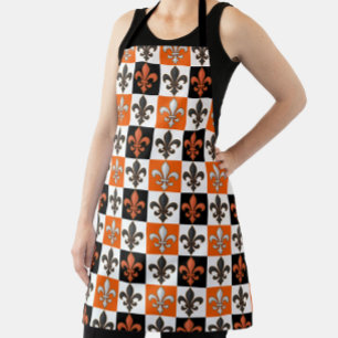 Orange Black White Chequered Fleur-de-lis Design Apron