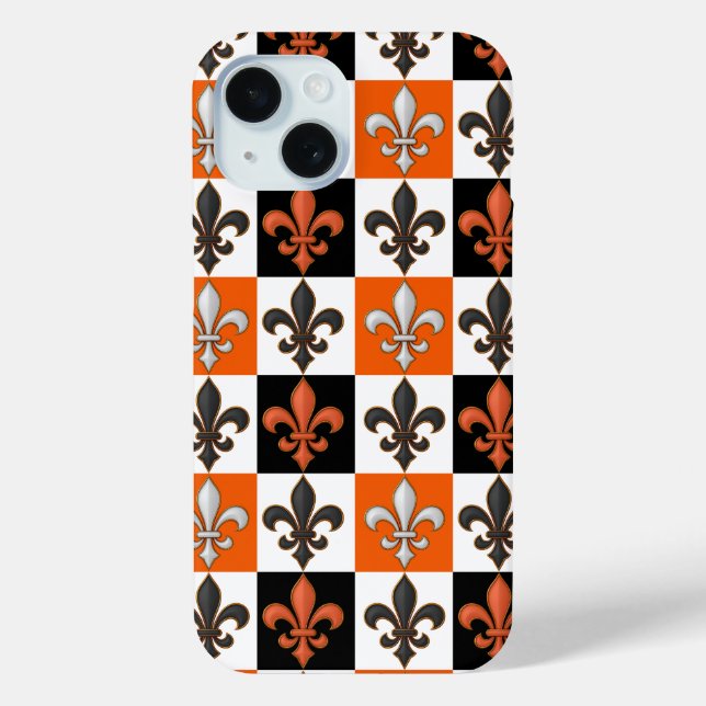 Orange Black White Chequered Fleur-de-lis Design  Case-Mate iPhone Case (Back)
