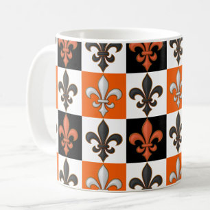 Orange Black White Chequered Fleur-de-lis Design Coffee Mug