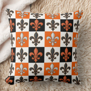 Orange Black White Chequered Fleur-de-lis Design Cushion