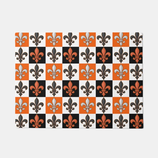 Orange Black White Chequered Fleur-de-lis Design  Doormat (Front)