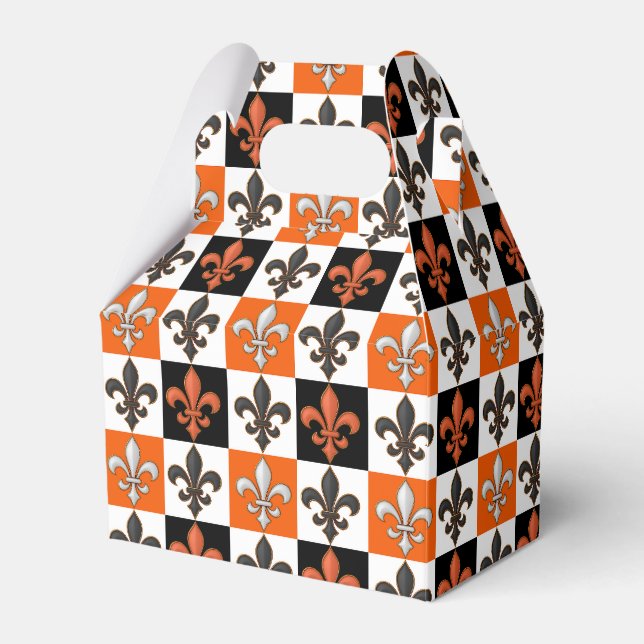 Orange Black White Chequered Fleur-de-lis Design  Favour Box (Front Side)