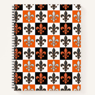 Orange Black White Chequered Fleur-de-lis Design  Notebook