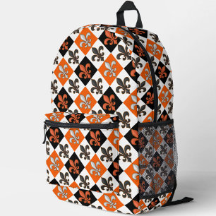 Orange Black White Chequered Fleur-de-lis Design Printed Backpack