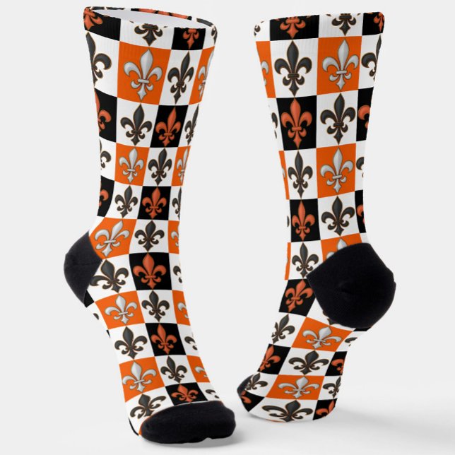 Orange Black White Chequered Fleur-de-lis Design  Socks (Creator Uploaded)